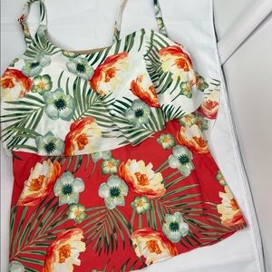 Casique Tiered Swimsuit Tropical Palm Tankini Plus SZ.24 with Tennis Style Skirt